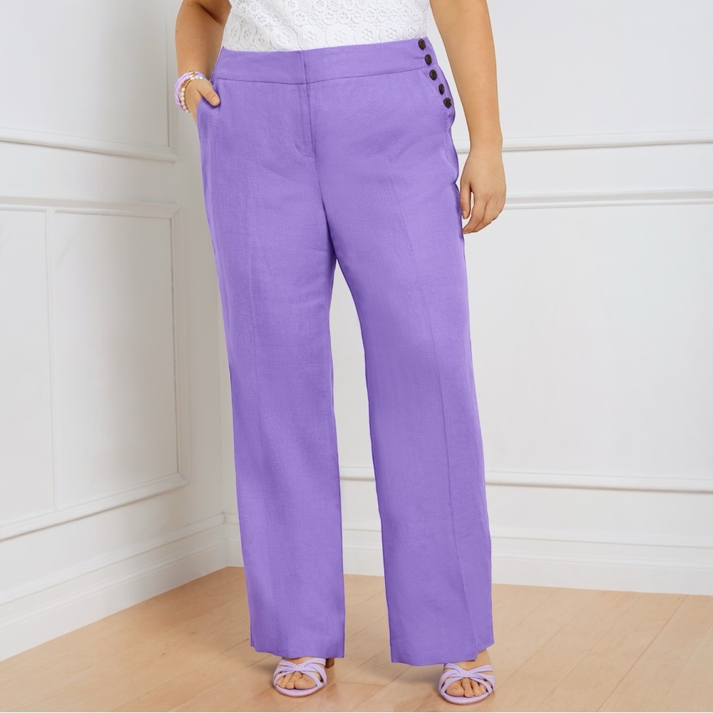 Talbots Greenwich Linen Pants Button Detail High Waist Wide Leg Size 8 Petite